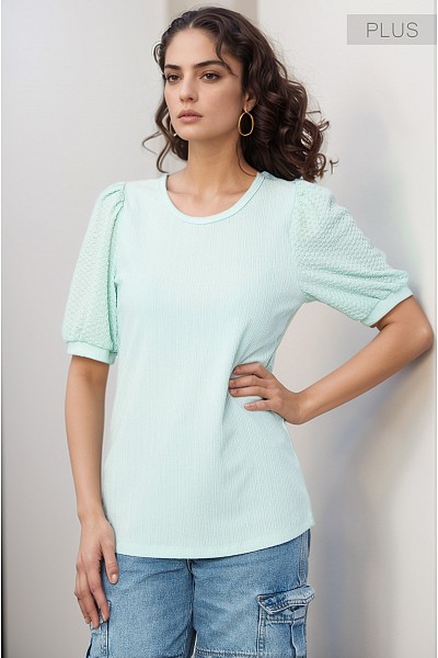 PT11618PLUS PUFF SLEEVE TEXTURED TOP
